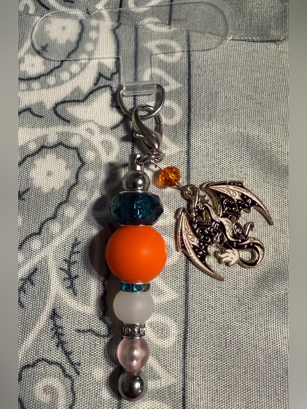 Handmade Orange and Teal Beaded Dragon Charm Keychain